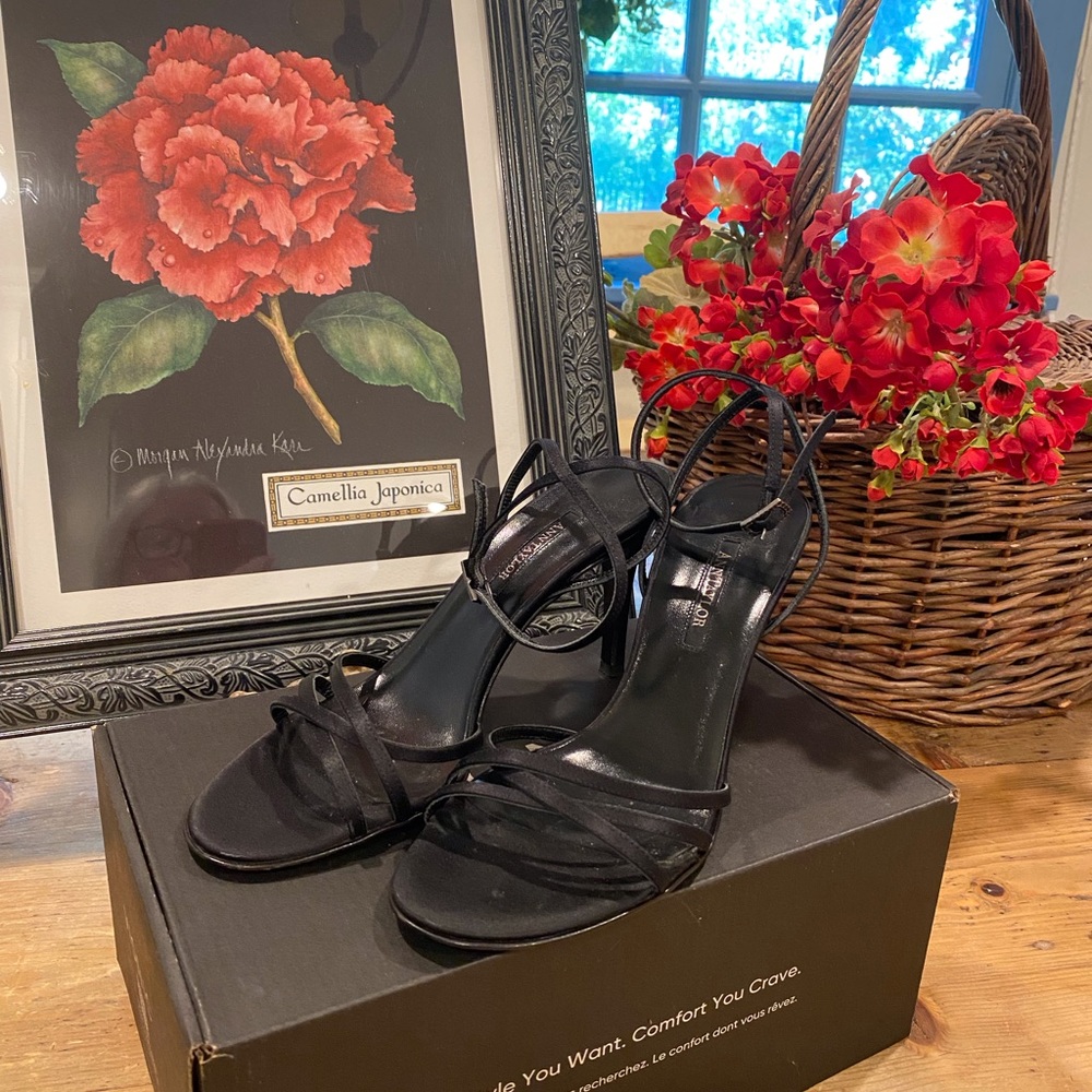 Ann Taylor black satin heels with narrow satin straps
